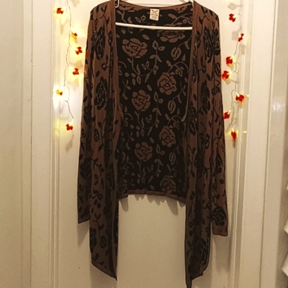 Faded Glory Sweater Wrap, Brown & Black Rose Design w/ Long Sleeves